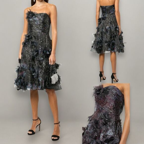 Marchesa Notte 3-D Applique Foiled Printed Organza Fit & Flare Midi Dress Size 6 - Picture 1 of 16